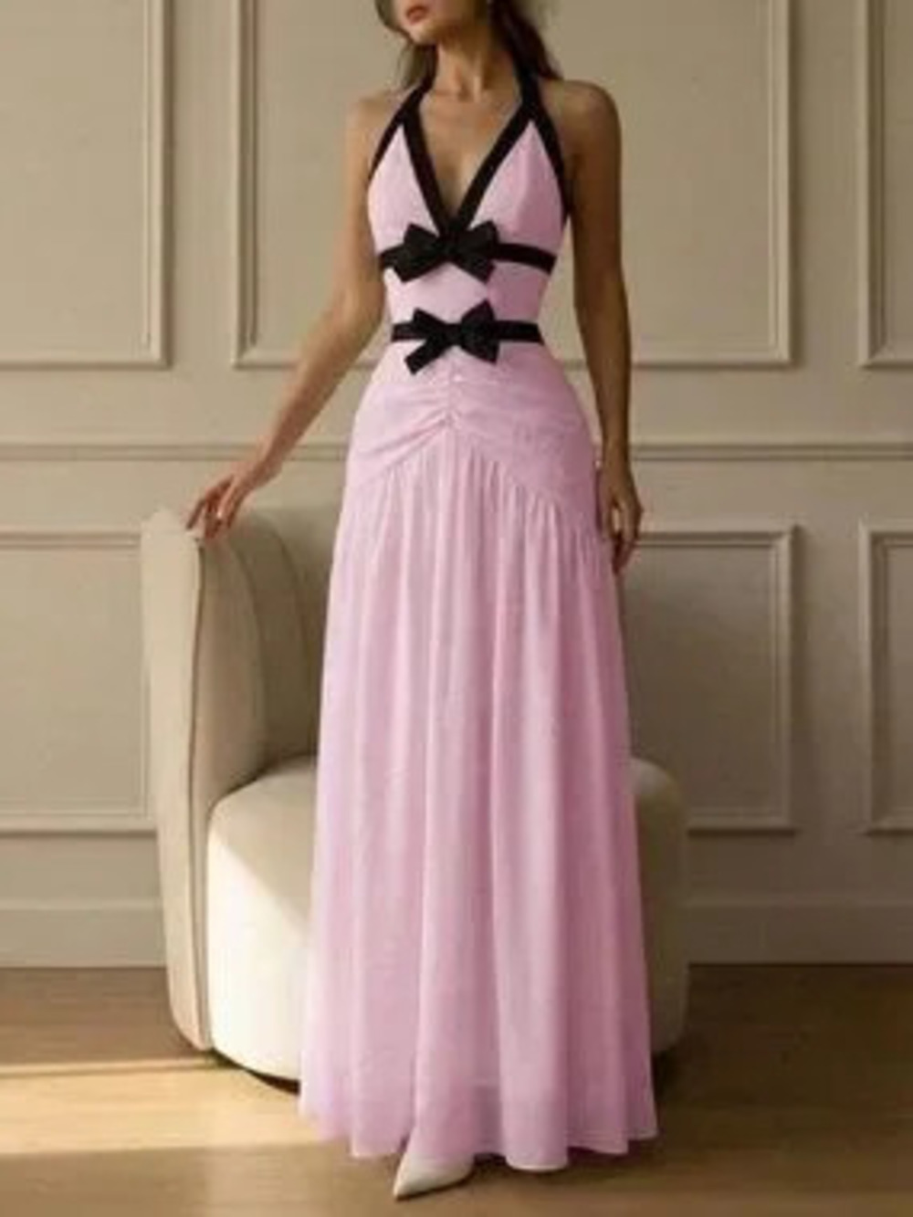 ZARA Pink Women's Elegant Spaghetti Strap V-Neck Bow Tie Waist Long Formal Dress